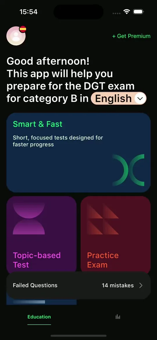 The ProntoTest home screen: smart tests, topic tests and a practice exam